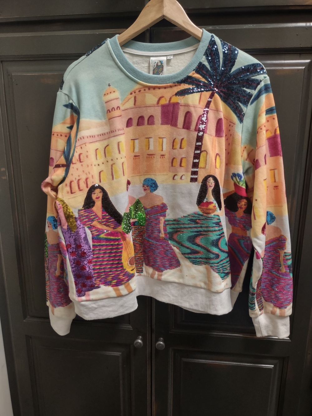 QUEEN OF SPARKLES Multicolor Sequin Embellished Crewneck Sweater